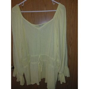Cato Women Plus Size 18/20W Yellow Crinkle V-Neck Drawstring Waist Ruffle Blouse